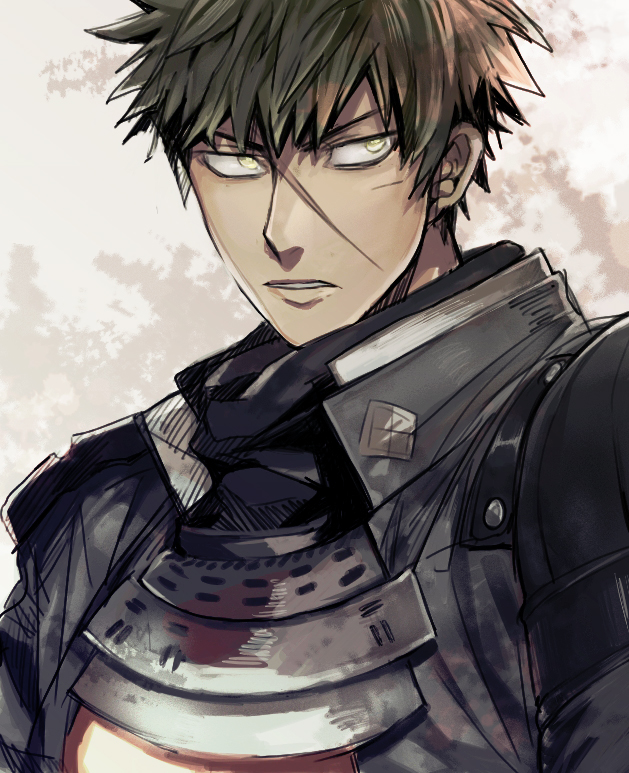 1boy 5_(femfamme) armor black_hair doudanuki_masakuni japanese_armor japanese_clothes looking_away male_focus open_mouth scar scar_on_face scarf short_hair simple_background touken_ranbu yellow_eyes