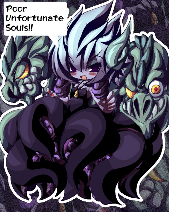 1girl blue_hair blush breasts cleavage colored_skin commentary_request dangomushi disney english_text film_grain gradient_hair monster_girl multicolored_hair open_mouth personification purple_eyes purple_hair purple_skin scylla small_breasts smile solo speech_bubble spiked_hair tentacles the_little_mermaid_(disney) ursula_(disney)