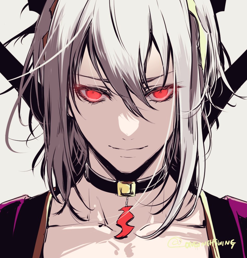 1boy androgynous choker eye_contact fire_emblem fire_emblem_engage gold_trim hair_ornament looking_at_another male_focus nintendo rafal_(fire_emblem) red_eyes simple_background smile umi_(_oneinchswing) white_hair