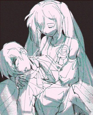 1boy 1girl aqua_theme bare_shoulders closed_eyes clothing_cutout collarbone constricted_pupils dress dress_flower drooling evillious_nendaiki flower frilled_dress frills hatsune_miku implied_death kaito_(vocaloid) kaspar_blankenheim long_hair lowres margarita_blankenheim monochrome nemurase_hime_kara_no_okurimono_(vocaloid) rose shoulder_cutout sketch smile t0ngue2 twintails very_long_hair vocaloid wide_sleeves