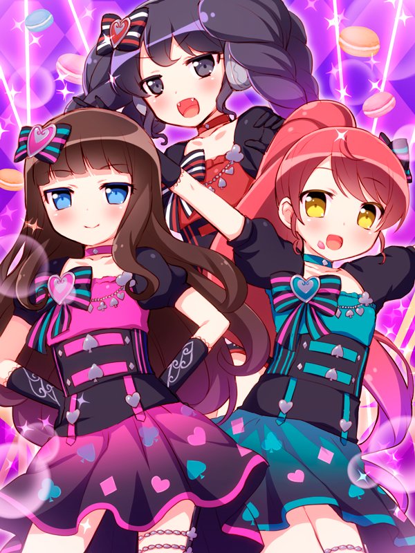 3girls :d adaajt black_gloves black_hair blue_choker blue_dress blue_eyes bow brown_hair choker club_(shape) cowboy_shot diamond_(shape) dress fangs food food_on_face gaaruru_(pripara) gloves hair_bow hands_on_own_hips headphones idol_clothes kurosu_aroma long_hair looking_at_viewer macaron multiple_girls open_mouth outstretched_arms pink_dress ponytail pretty_series print_dress pripara puffy_short_sleeves puffy_sleeves purple_background red_dress red_hair shiratama_mikan short_sleeves sidelocks smile spade_(shape) sparkle spread_arms standing twintails yellow_eyes