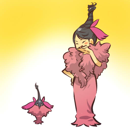 00s 1girl black_hair blush_stickers closed_eyes creature_and_personification dress gen_4_pokemon hair_ornament hand_on_own_hip hand_to_own_mouth hip_focus hitec laughing moemon nintendo personification pokemon pokemon_(creature) pokemon_dppt wormadam wormadam_(trash)