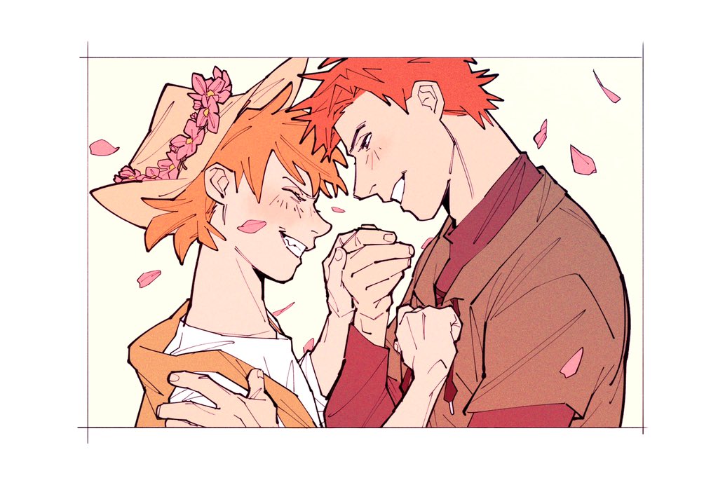 2boys blush border br&#039;er_fox_(disney) crossover grin hat head_wreath humanization male_focus multiple_boys orange_hair robin_hood_(disney_character) robin_hood_(disney_movie) shirt smile song_of_the_south species_connection tunic uochandayo vest white_border white_shirt yaoi