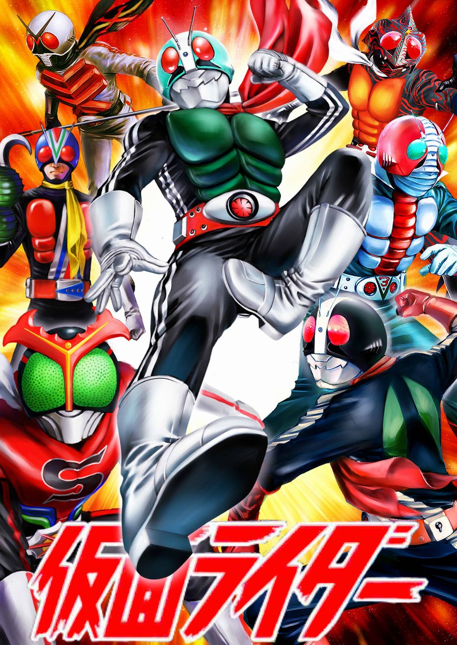 6+boys belt gradient_background highres hook kamen_rider kamen_rider_(1st_series) kamen_rider_1 kamen_rider_2 kamen_rider_amazon kamen_rider_amazon_(series) kamen_rider_stronger kamen_rider_stronger_(series) kamen_rider_v3 kamen_rider_v3_(series) kamen_rider_x kamen_rider_x_(series) male_focus multiple_boys riderman rod scarf yusao