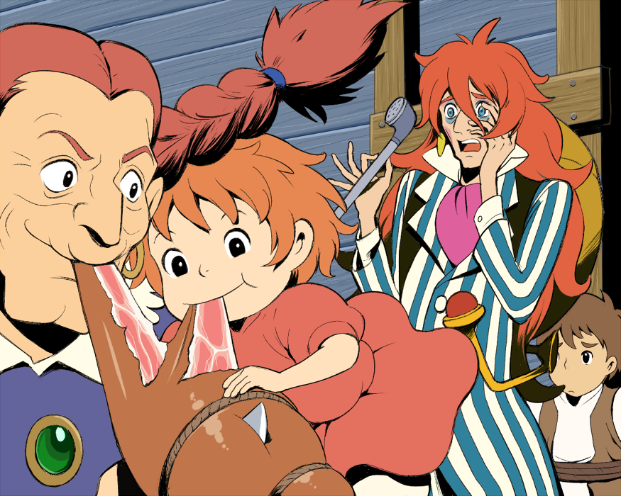 00s 2boys 2girls braid character_request child dola_(laputa) eating eyeliner facepalm food fujimoto gake_no_ue_no_ponyo knife makeup meat moljib multiple_boys multiple_girls ponyo red_hair smile studio_ghibli tenkuu_no_shiro_laputa