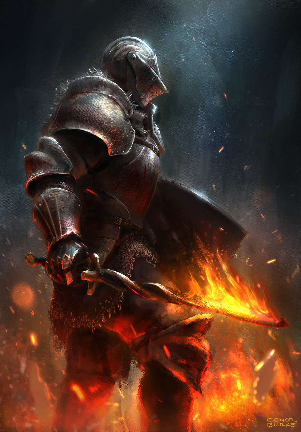 1boy armor ashen_one_(dark_souls) breastplate chainmail coiled_sword commentary conor_burke dark_background dark_souls_(series) dark_souls_iii embers english_commentary feet_out_of_frame fire flaming_sword flaming_weapon from_side full_armor gauntlets helm helmet highres holding holding_shield holding_sword holding_weapon kite_shield light_particles pauldrons shield shoulder_armor signature solo sword weapon
