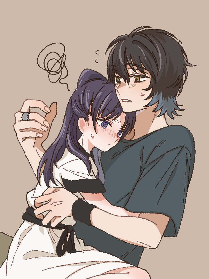 1boy 1girl black_hair blush brown_background brown_eyes dress flying_sweatdrops gradient_hair grey_hair grey_shirt hetero hug jewelry magami_keigo miyao_nemu multicolored_hair ring shirt short_sleeves sitting sitting_on_lap sitting_on_person sweatdrop t-shirt white_dress witch_watch yoshitaka_(palooo)