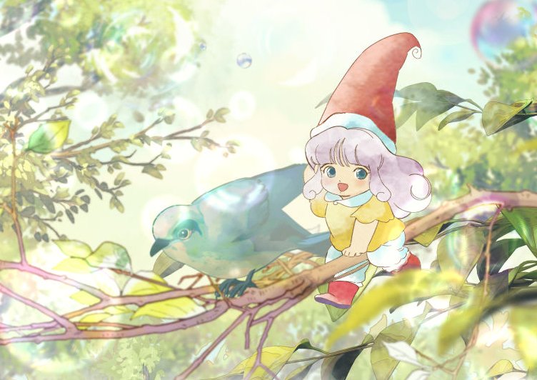 1girl bird bloomers blue_bird blue_eyes boots bubble commentary curly_hair full_body fur-trimmed_headwear fur_trim hat in_tree leaf lens_flare long_hair looking_at_viewer memoru mini_person minigirl nature on_tree open_mouth outdoors purple_eyes red_boots red_hat shimadai587779 shirt sitting sitting_in_tree smile solo tongari_boushi_no_atelier tree underwear white_bloomers yellow_shirt
