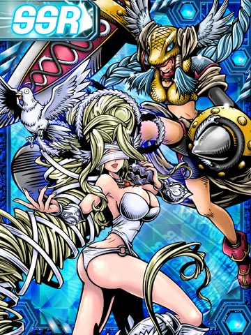 2girls absurdly_long_hair ass bikini blue_hair braid breasts butt_crack cleavage covered_eyes digimon digimon_(creature) digimon_collectors hotan_(digimon) large_breasts long_hair mask minervamon multiple_girls o-ring o-ring_bikini official_art olive_(digimon) swimsuit venusmon very_long_hair wings