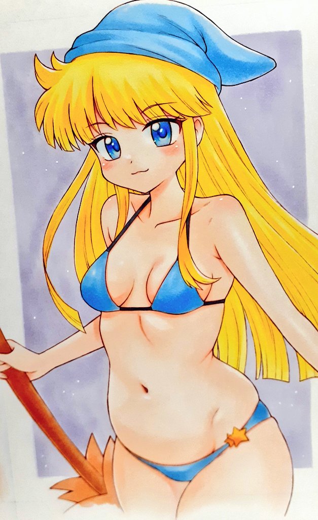 1girl :3 alternate_costume bikini blonde_hair blue_bikini blue_eyes blush breasts broom closed_mouth collarbone holding holding_broom kaoru3006 long_hair looking_at_viewer navel puyopuyo small_breasts smile solo swimsuit traditional_media witch_(puyopuyo)