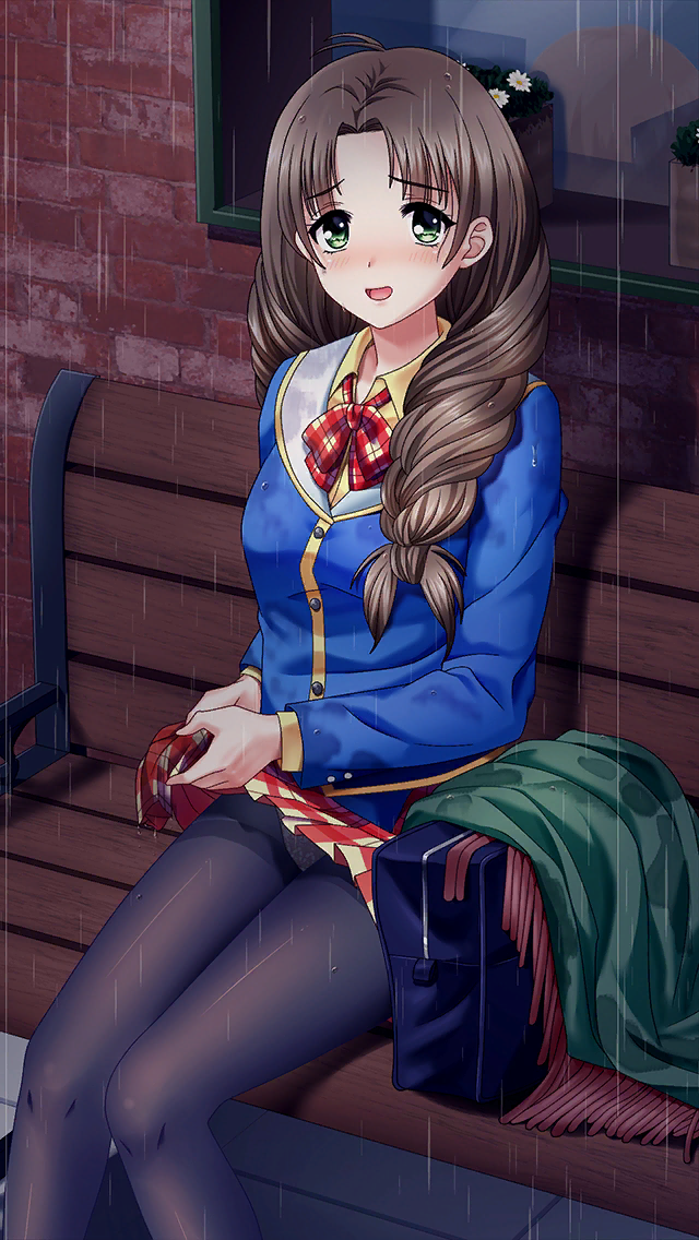 1girl bag bench black_pantyhose blue_jacket blush braid brown_hair collared_shirt doukyuusei_(series) doukyuusei_2 doukyuusei_another_world dress_shirt game_cg green_eyes hair_intakes jacket long_hair long_sleeves looking_at_viewer miniskirt official_art open_mouth outdoors panties panties_under_pantyhose pantyhose plaid_clothes plaid_skirt pleated_skirt rain school_bag school_uniform shiny_clothes shiny_legwear shirt single_braid sitting skirt solo sugimoto_sakurako underwear very_long_hair wet wet_clothes wet_jacket wet_skirt wing_collar yellow_shirt