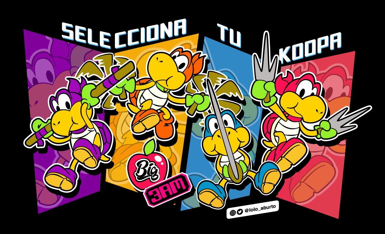 4boys apple artist_name crossover donatello_(tmnt) food fruit koopa koopa_bros. leonardo_(tmnt) lolo_aburto looking_at_viewer mario_(series) michelangelo_(tmnt) multiple_boys nintendo nunchaku paper_mario paper_mario_64 raphael_(tmnt) sai_(weapon) shell spanish_text staff sword teenage_mutant_ninja_turtles weapon