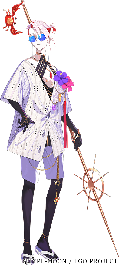 1boy anklet closed_mouth colored_inner_hair colored_skin commentary_request crab fate/grand_order fate_(series) flip-flops flower full_body hand_on_own_hip holding holding_polearm holding_weapon jewelry karna_(fate) karna_(summer_outfit)_(fate) lance long_sleeves looking_at_viewer looking_back multicolored_hair necklace official_art pako_(pakosun) pink_flower polearm ponytail purple_flower red_hair round_eyewear sandals shirt short_hair shorts solo standing sunglasses watermark weapon white_hair white_sandals white_shirt white_shorts white_skin