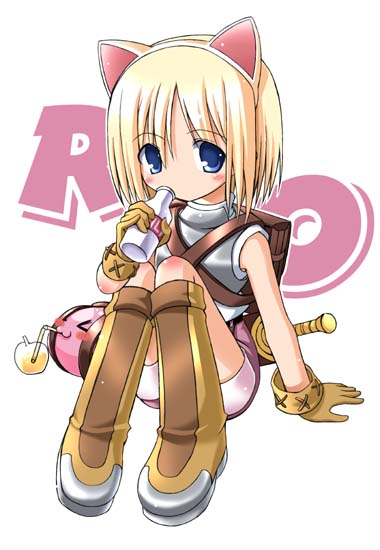 1girl 2000s_(style) :3 animal_ears apple_juice armor backpack bag blonde_hair blue_eyes blush blush_stickers boots bottle breastplate brown_bag brown_boots brown_gloves cat_ears chibi chibi_only commentary_request copyright_name dagger drinking fake_animal_ears full_body gloves juice knife looking_at_viewer milk_bottle novice_(ragnarok_online) poring purple_shorts ragnarok_online sheath sheathed shirt shorts simple_background sitting sleeveless sleeveless_shirt slime_(creature) solo tako_(all_delete) weapon white_background white_shirt