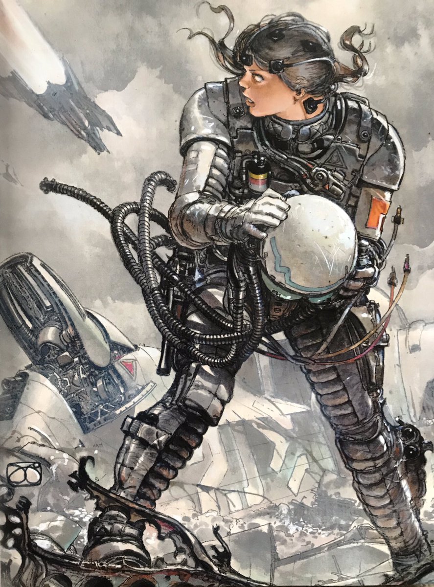 1980s_(style) 1girl after_battle cable canopy_(aircraft) cloud cloudy_sky damaged debris energy_gun explosive flying grenade helmet highres holding holding_helmet holster hose juan_gimenez looking_back machinery mega_exether official_art oldschool open_hatch pilot ray_gun realistic retro_artstyle roundel scan science_fiction signature sky spacecraft spacesuit starfighter the_fourth_power thrusters traditional_media tube weapon wreckage