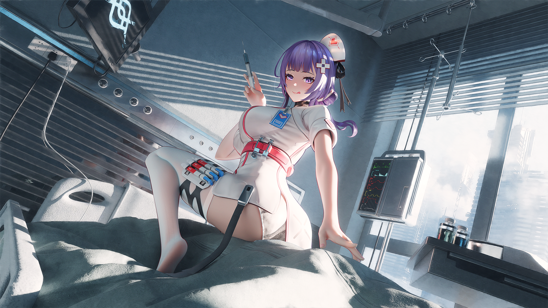 1girl ass bed breasts character_request commentary_request dutch_angle hat highres holding holding_syringe hospital_bed intravenous_drip iv_stand large_breasts mr_ito nurse nurse_cap panties pantyhose pill_bottle purple_eyes purple_hair sitting snowbreak:_containment_zone solo syringe thighhighs thighs underwear white_pantyhose white_thighhighs window window_blinds