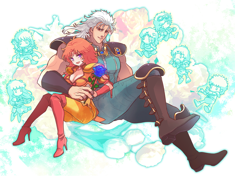 airi_(hokuto_no_ken) bad_id bad_pixiv_id bat_(hokuto_no_ken) blue_flower blue_rose boots bow_(weapon) breasts brown_footwear chibi chibi_inset cleavage crossbow crying facial_hair flower full_body goggles goggles_on_head high_heel_boots high_heels hokuto_no_ken kenshiro knee_boots lin_(hokuto_no_ken) long_hair mamiya_(hokuto_no_ken) mayuzumi medium_breasts multiple_boys muscular open_mouth orange_hair pink_boots purple_eyes quiver red_eyes rei_(hokuto_no_ken) rose scarf shoulder_pads size_difference smile streaming_tears tears toki_(hokuto_no_ken) weapon white_hair yuda_(hokuto_no_ken)