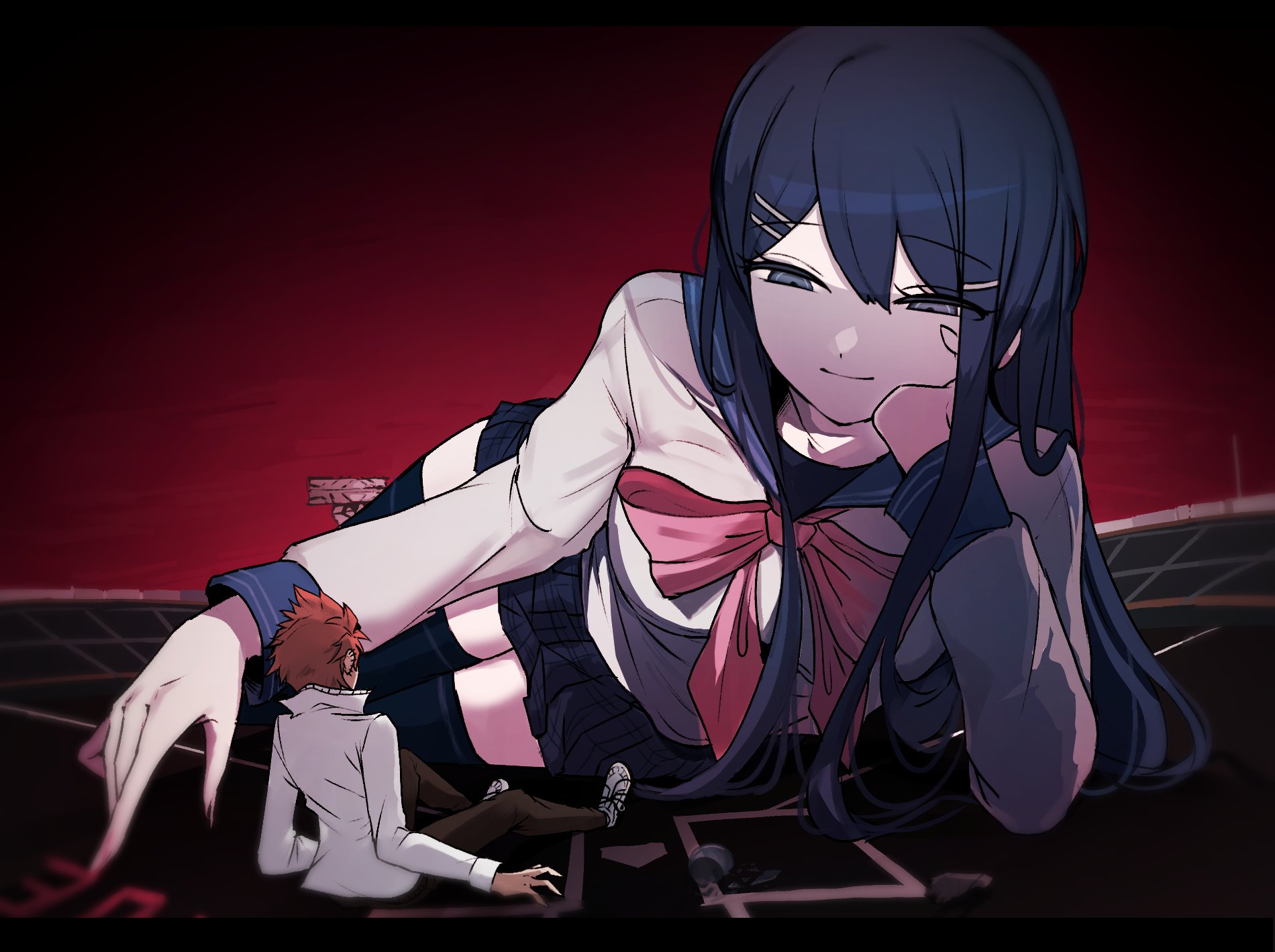 1boy 1girl arm_support baseball_field black_skirt black_thighhighs blue_eyes blue_hair blue_sailor_collar bow bowtie commentary cowboy_shot danganronpa:_trigger_happy_havoc danganronpa_(series) facing_away giant giantess gradient_background highres jacket kuwata_leon long_hair long_sleeves looking_at_another looking_up maizono_sayaka orange_hair pink_bow pink_bowtie pleated_skirt red_background sailor_collar shirt sidelocks skirt smile stadium surprised thighhighs upper_body white_jacket white_shirt zettai_ryouiki zhengyi_(yoyo96976212807)