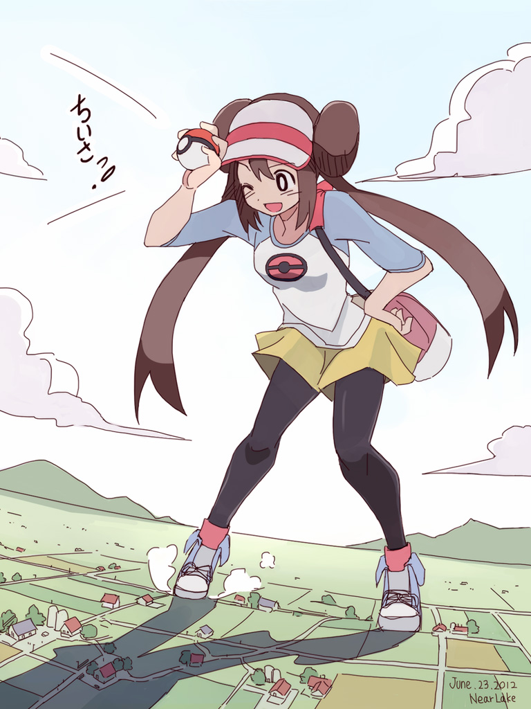 10s 1girl ;d artist_name bad_id bad_pixiv_id bag black_pantyhose blush brown_hair cloud dated day donut_hair_bun double_bun female_focus giant giantess hair_bun hand_on_own_hip hip_focus holding holding_poke_ball illinoistabako landscape long_hair miniskirt nintendo one_eye_closed open_mouth pantyhose poke_ball pokemon pokemon_bw2 raglan_sleeves rosa_(pokemon) scenery seo_tatsuya shoes shorts signature skirt smile sneakers solo town visor_cap wink