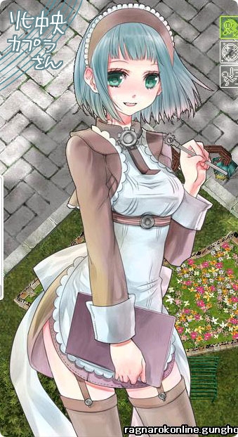 1girl alty_(ragnarok_online) apron blue_hair blunt_bangs breasts brown_dress brown_thighhighs clipboard cowboy_shot dress frilled_apron frills game_screenshot_background garter_straps green_eyes holding holding_clipboard holding_pen kafra_uniform lala_(sputnik) long_sleeves looking_at_viewer maid maid_headdress medium_breasts open_mouth pen ragnarok_online screenshot_background short_hair smile solo thighhighs white_apron