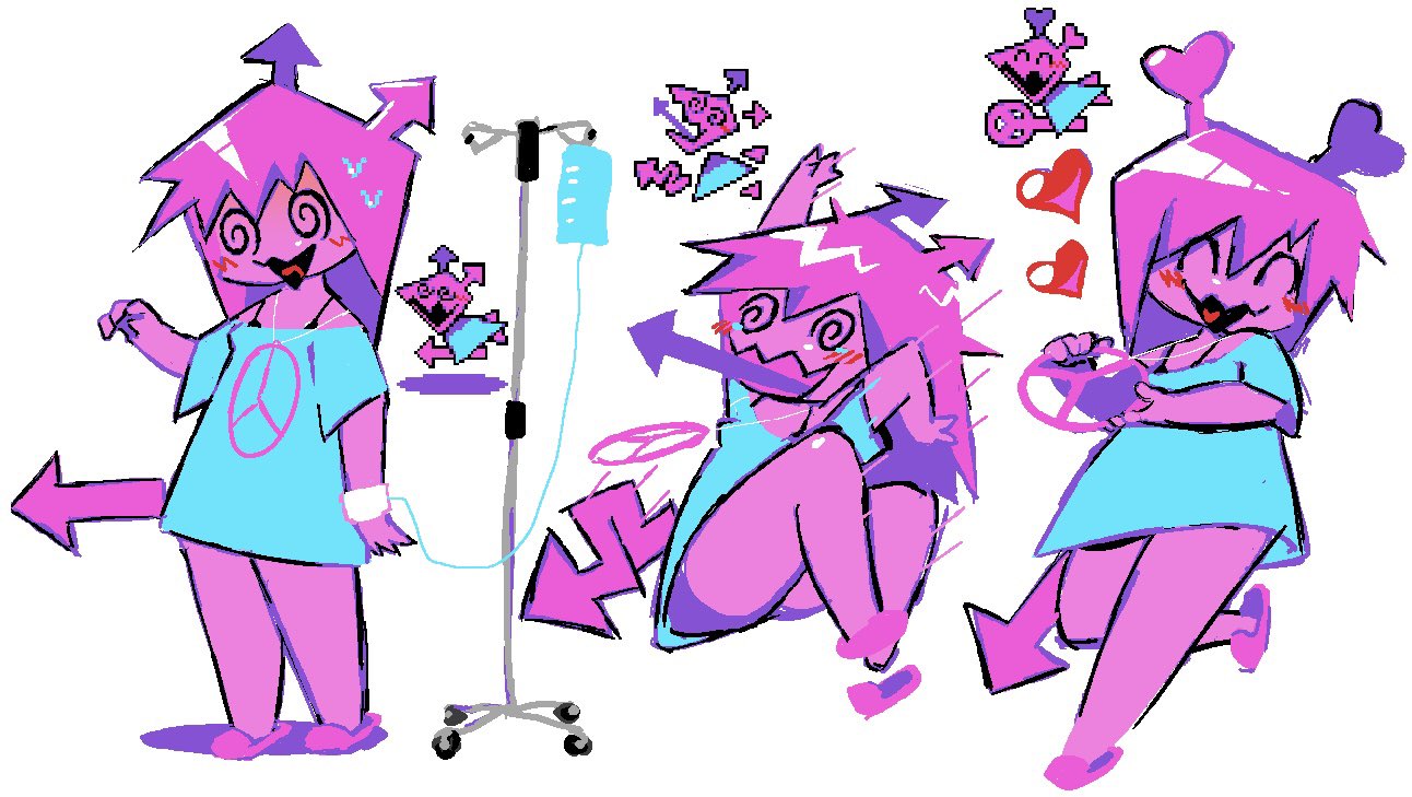 blush colored_skin cuttlefishfan38 deformed deltarune heart intravenous_drip personification pink_hair pink_skin shirt slippers standing t-shirt virovirokun