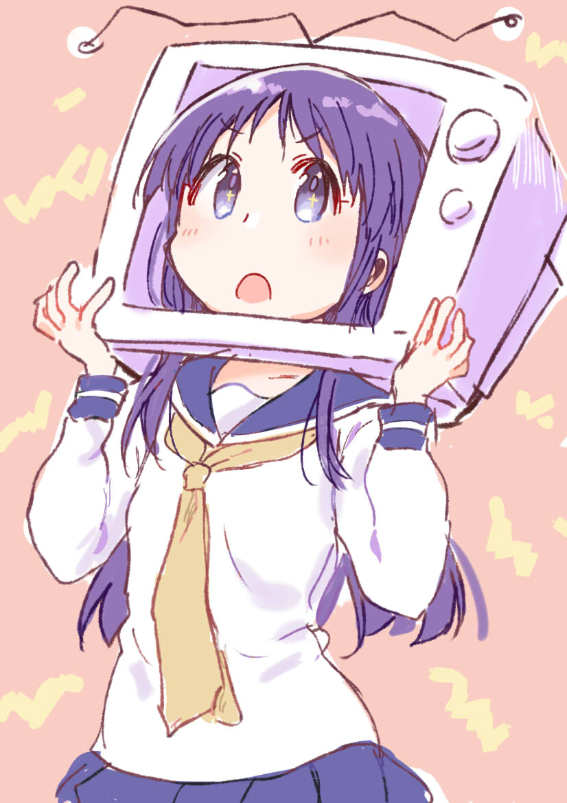 1girl blue_sailor_collar blue_skirt blush crt hinata_yukari long_hair long_sleeves looking_at_viewer neckerchief open_mouth pleated_skirt purple_eyes purple_hair sailor_collar school_uniform serafuku shirt skirt solo tatsunokosso television white_shirt winter_uniform yellow_neckerchief yuyushiki yuyushiki&#039;s_school_uniform