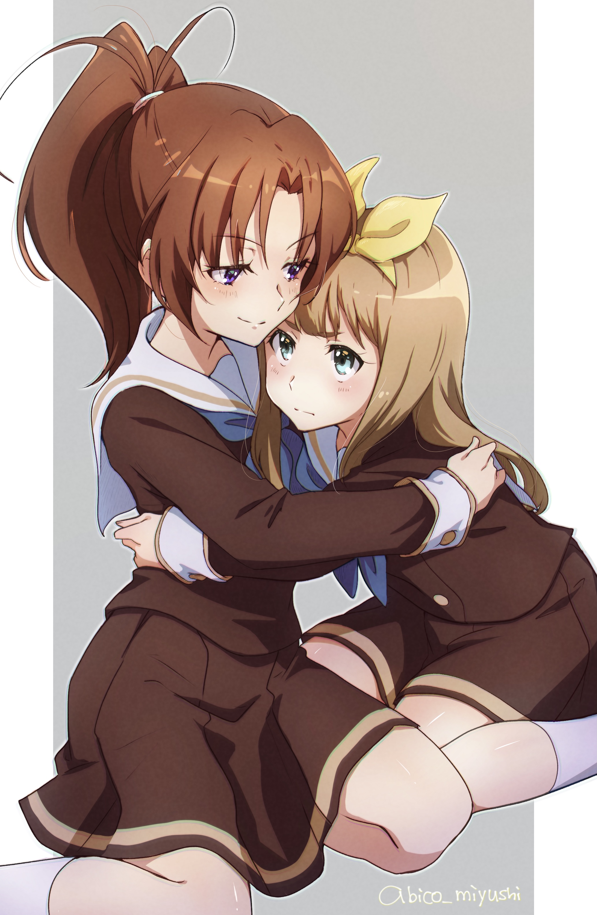 2girls abicomiyushi absurdres annoyed artist_name black_hair blue_neckerchief blush brown_hair brown_shirt brown_skirt closed_mouth green_eyes hair_ribbon hibike!_euphonium highres kitauji_high_school_uniform long_hair long_sleeves looking_at_another multiple_girls nakagawa_natsuki neckerchief pleated_skirt ponytail purple_eyes ribbon sailor_collar school_uniform serafuku shirt signature sitting skirt smile white_sailor_collar yellow_ribbon yokozuwari yoshikawa_yuuko