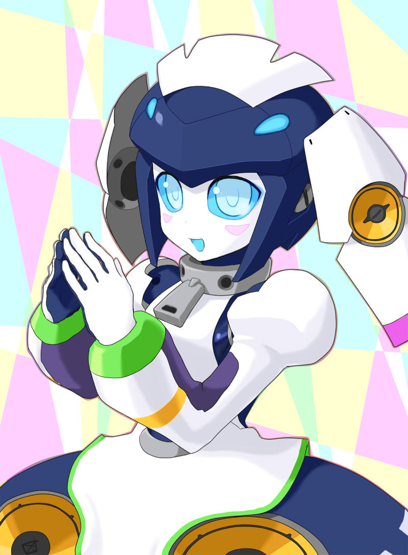 1girl android blue_eyes blue_sclera blush clothed_robot colored_sclera dia_(world_flipper) dress humanoid_robot looking_at_viewer mechanical_skirt metal_skin robot robot_girl solo speaker suikabo world_flipper