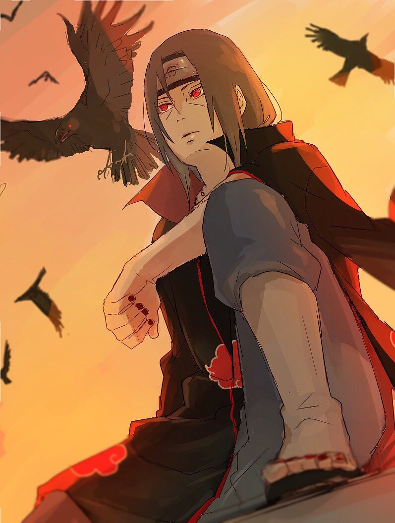 akatsuki_uniform bird black_hair crow forehead_protector long_hair male_focus meitarou nail_polish naruto_(series) naruto_shippuuden red_eyes sharingan solo uchiha_itachi