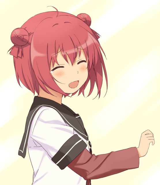1girl :d ahoge akaza_akari closed_eyes double_bun female_focus hair_bun hair_intakes open_mouth red_hair school_uniform serafuku shikou_sakugo_(qqap9gt9k) shikousakugo smile solo teardrop yuruyuri