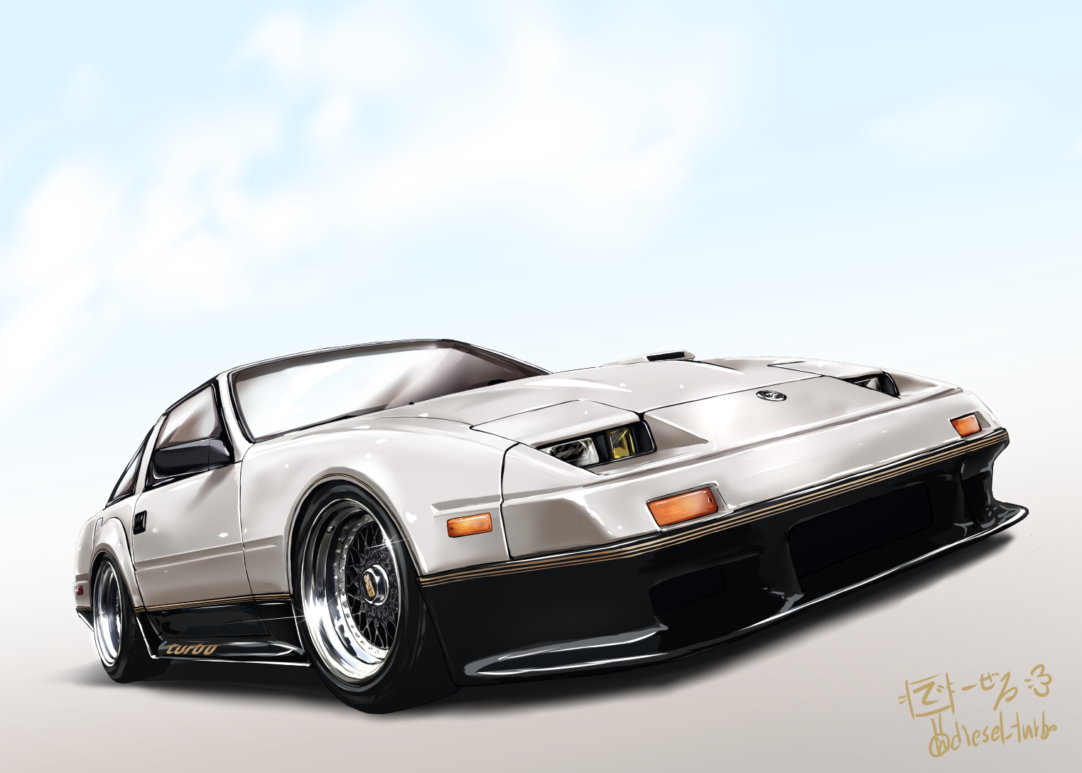 artist_name car diesel-turbo motor_vehicle nissan nissan_300zx nissan_300zx_(z31) nissan_fairlady_z no_humans original shadow simple_background solo sports_car still_life vehicle_focus white_background