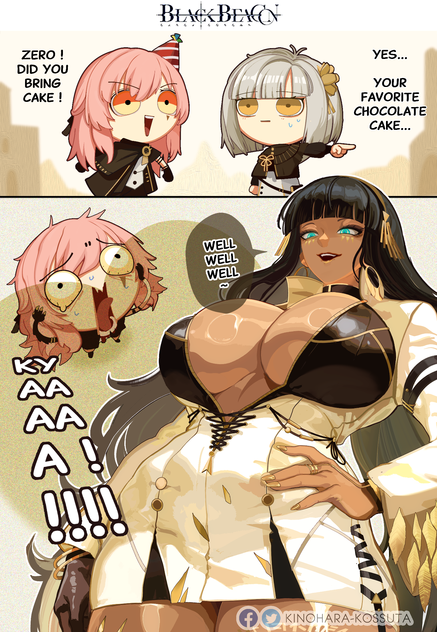 3girls absurdres ara_ara arm_strap black_beacon black_bodysuit black_gloves black_hair blue_eyes bodysuit bodysuit_under_clothes bracelet breasts chibi collared_jacket dark-skinned_female dark_skin earrings eyebrows_hidden_by_hair facepaint from_below gloves glowing glowing_eyes gold_bracelet gold_earrings gold_hairband gold_lips gold_nails gold_trim grey_hair hair_between_eyes hair_ornament hairband hand_on_own_chest highres hime_cut hoop_earrings jacket jewelry kinohara_kossuta large_breasts legs_together lips lipstick long_hair long_sleeves looking_at_another makeup multiple_girls multiple_views nail_polish nanna_(black_beacon) nose open_mouth panels parted_bangs pink_hair pointing raised_eyebrows ring shadow single_glove smug standing sweat teeth thick_thighs thighs tongue tongue_out unzipped unzipped_bodysuit very_long_hair white_jacket yellow_eyes