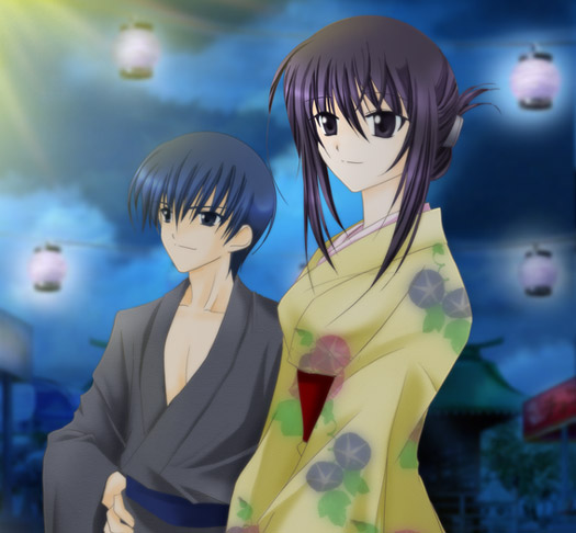 1boy 1girl blue_eyes blue_hair cloud ever_17 folded_ponytail hair_ornament hair_up hairclip hand_on_own_hip husband_and_wife japanese_clothes kimono komachi_tsugumi kuranari_takeshi lantern min night night_sky obi outdoors sash short_hair sky smile standing