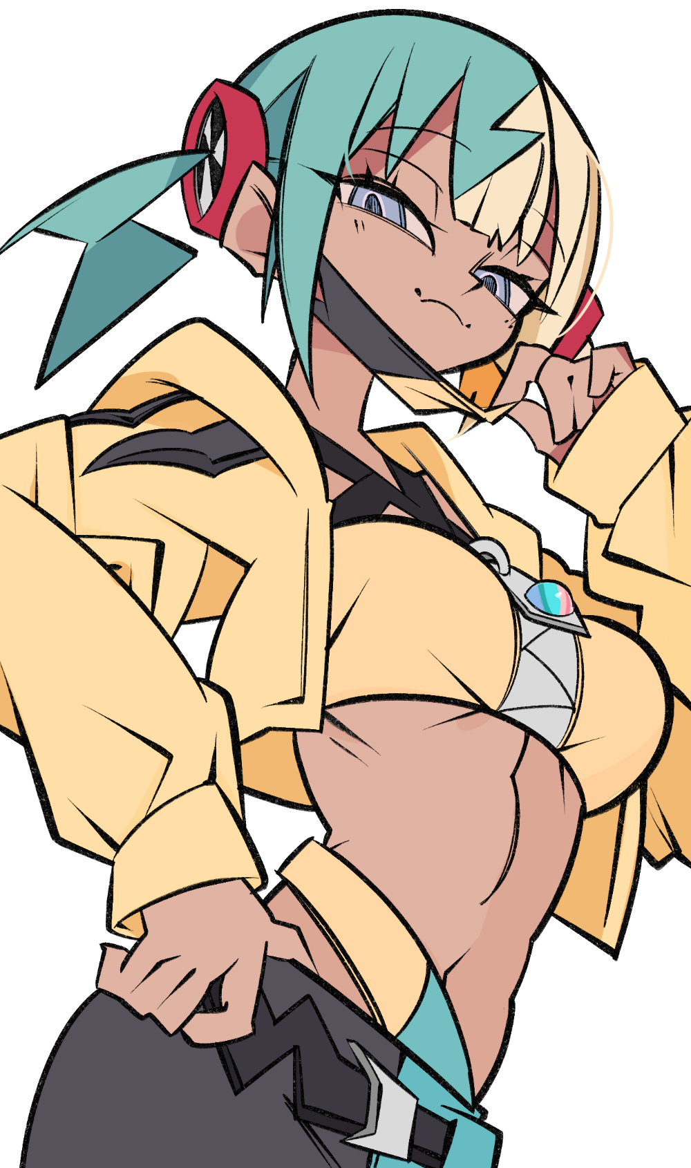 1girl aqua_hair bandeau belt black_belt black_mask black_pants blonde_hair blue_eyes blue_pants breasts canari_(pokemon) closed_mouth criss-cross_straps cxdotchison dark-skinned_female dark_skin frown highres jacket long_sleeves looking_at_viewer mask mask_pull medium_breasts mega_stone mouth_mask multicolored_hair navel nintendo pants pokemon pokemon_legends:_z-a short_twintails simple_background solo split-color_hair sports_bra twintails two-tone_hair two-tone_mask two-tone_pants white_background yellow_bandeau yellow_jacket yellow_mask yellow_sports_bra