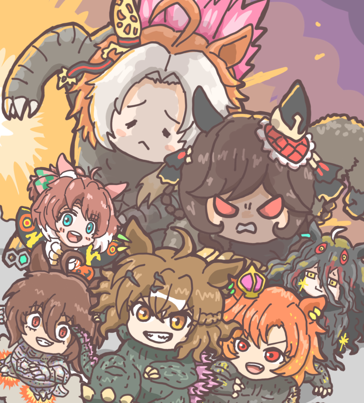 =_= agnes_tachyon_(umamusume) ahoge animal_ears aqua_eyes braid braided_hair_rings commentary_request cosplay crazy_eyes crazy_smile crossover crown dantsu_flame_(umamusume) deformed ear_covers ear_ornament ear_piercing earrings furrowed_brow gentildonna_(umamusume) giant giantess godzilla godzilla_(monsterverse) godzilla_(series) godzilla_evolved godzilla_vs._hedorah godzilla_vs._mechagodzilla godzilla_vs._megaguirus godzilla_vs._mothra godzilla_x_kong:_the_new_empire grin hair_between_eyes hair_intakes hair_rings hedorah hedorah_(cosplay) highres horse_ears horse_girl huge_ahoge jewelry jungle_pocket_(umamusume) kigurumi king_kong king_kong_(cosplay) king_kong_(series) legendary_pictures light_brown_hair long_hair manhattan_cafe_(umamusume) mechagodzilla mechagodzilla_(cosplay) medium_hair mini_crown monsterverse mothra mothra_(cosplay) multicolored_hair multiple_crossover notched_ear orange_hair orfevre_(umamusume) parody piercing pikpik0109 pink_crown poster_parody red_eyes single_ear_cover single_earring smile t.m._opera_o_(umamusume) teeth toho two-tone_hair umamusume umamusume:_beginning_of_a_new_era unamused upper_teeth_only v-shaped_eyes white_hair yellow_eyes
