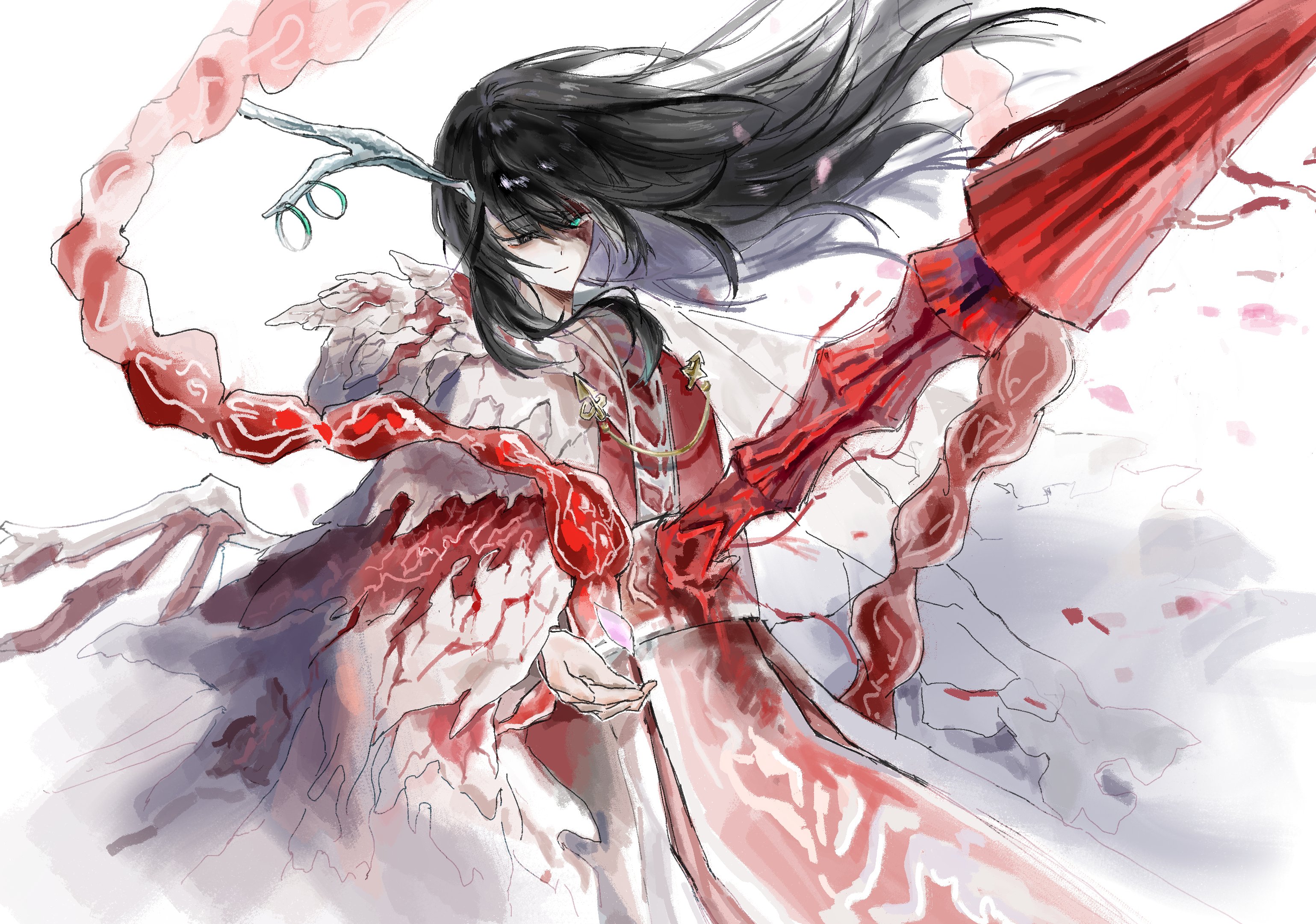 1boy antler_ring antlers black_eyes black_hair blue_eyes burn_scar cape fur_collar hair_flowing_over heterochromia highres hong_lu_(project_moon) horns impaled kanakaein29903 limbus_company male_focus outstretched_hand partially_shaded_face petals polearm project_moon scar sidelocks skeletal_wings solo spear tears_of_the_tarnished_blood_(e.g.o) weapon wings