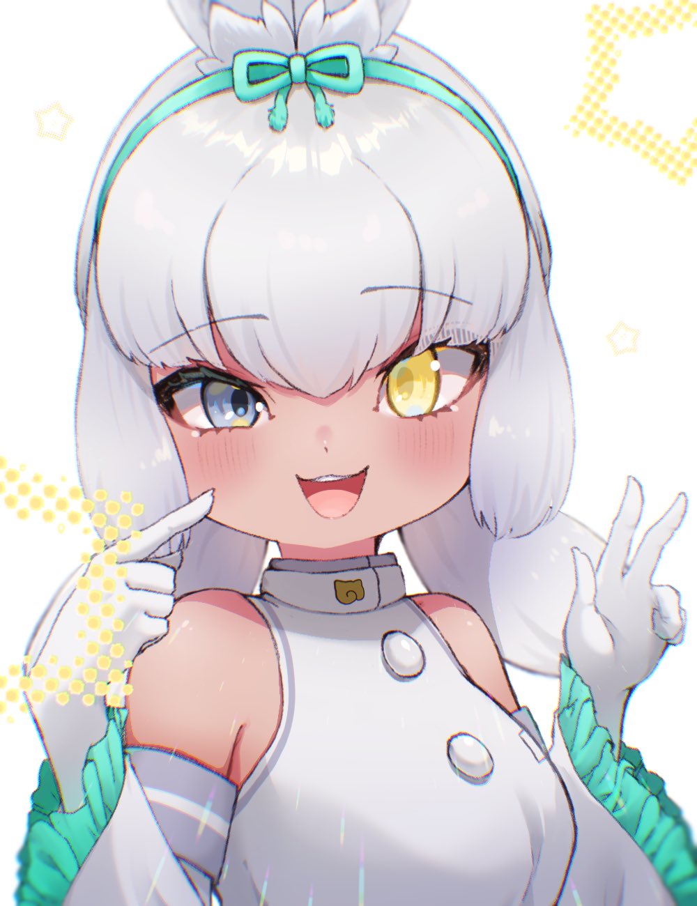 1girl :3 animal_ears bare_shoulders blue_eyes blush bow detached_sleeves frilled_sleeves frills gloves glowing glowing_eye hair_between_eyes hair_bow heterochromia high_collar highres japari_symbol kemono_friends kemono_friends_3 looking_at_viewer open_mouth rabbit_ears rabbit_girl rabbit_tail rosyehosii shirt sidelocks smile solo tail tsukuyomi_shinshi_(kemono_friends) upper_body white_gloves white_shirt white_sleeves yellow_eyes