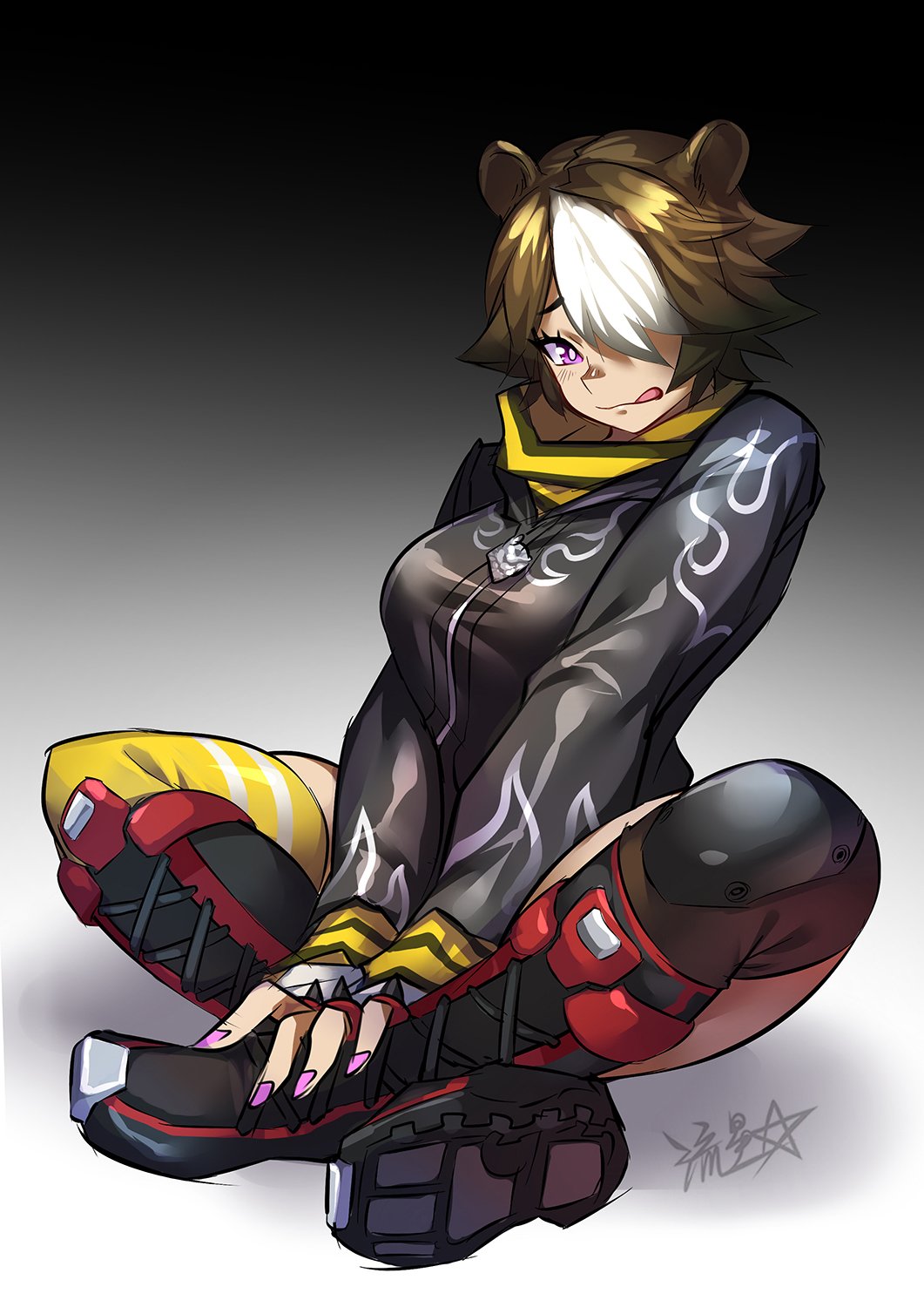 1girl :q animal_ears arknights beehunter_(arknights) black_background black_boots black_jacket boots brown_hair fingernails gradient_background hair_over_one_eye highres jacket long_sleeves looking_at_viewer nail_polish one_eye_covered purple_eyes purple_nails ryuusei_(mark_ii) signature smile solo thighhighs tongue tongue_out white_hair
