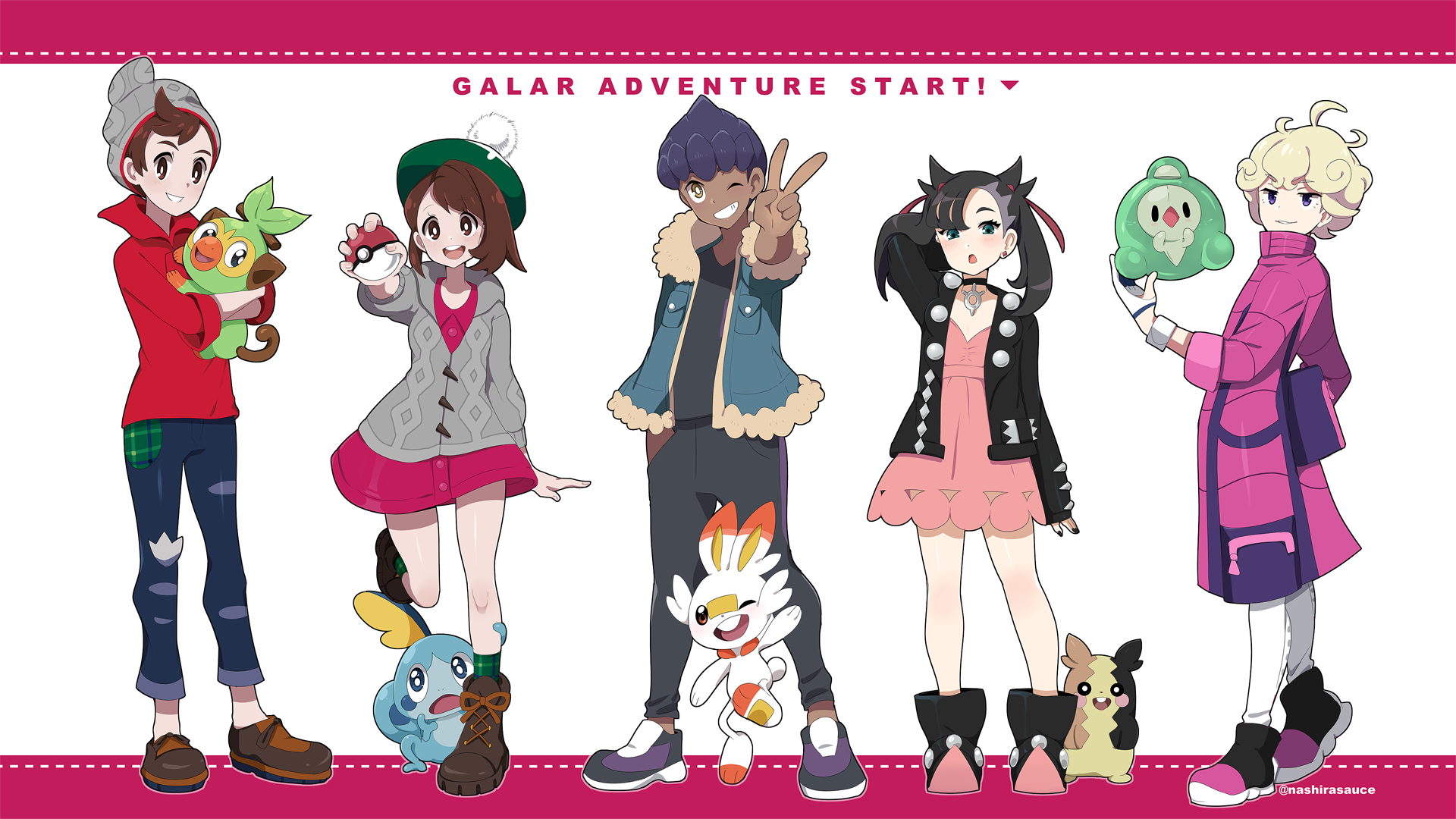 2girls 3boys :o arm_behind_head beanie bede_(pokemon) black_footwear black_jacket black_nails blonde_hair blush boots brown_footwear brown_hair buttons cardigan coat collared_dress commentary curly_hair dark-skinned_male dark_skin dress duosion dynamax_band earrings eyelashes fur-trimmed_jacket fur_trim game_freak gen_5_pokemon gen_8_pokemon gloria_(pokemon) gloves green_eyes green_headwear green_socks grey_cardigan grey_headwear grin grookey hair_ribbon hand_in_pocket hand_up hat highres holding holding_poke_ball hop_(pokemon) jacket jewelry knees marnie_(pokemon) morpeko morpeko_(full) multiple_boys multiple_girls nail_polish nashirasauce nintendo one_eye_closed open_clothes open_jacket pants parted_lips pink_dress plaid_clothes plaid_socks poke_ball poke_ball_(basic) pokemon pokemon_(creature) pokemon_swsh purple_coat red_ribbon red_shirt ribbon scorbunny shirt shoes short_hair sleeves_rolled_up smile sobble socks standing tam_o'_shanter teeth twintails v victor_(pokemon) white_background white_gloves white_pants