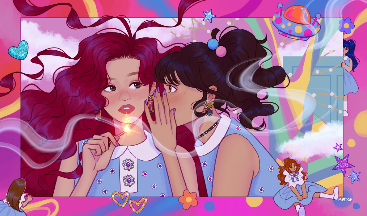 5girls bad_id bad_twitter_id brown_hair chibi close-up commentary dress earrings english_commentary frilled_dress frills heart irene_(red_velvet) jewelry joy_(red_velvet) k-pop long_hair looking_at_another mimimar multiple_girls nail_polish pink_lips ponytail profile purple_nails real_life red_hair red_velvet_(group) seulgi_(red_velvet) sleeveless sleeveless_dress twintails wavy_hair wendy_(red_velvet) yeri_(red_velvet)
