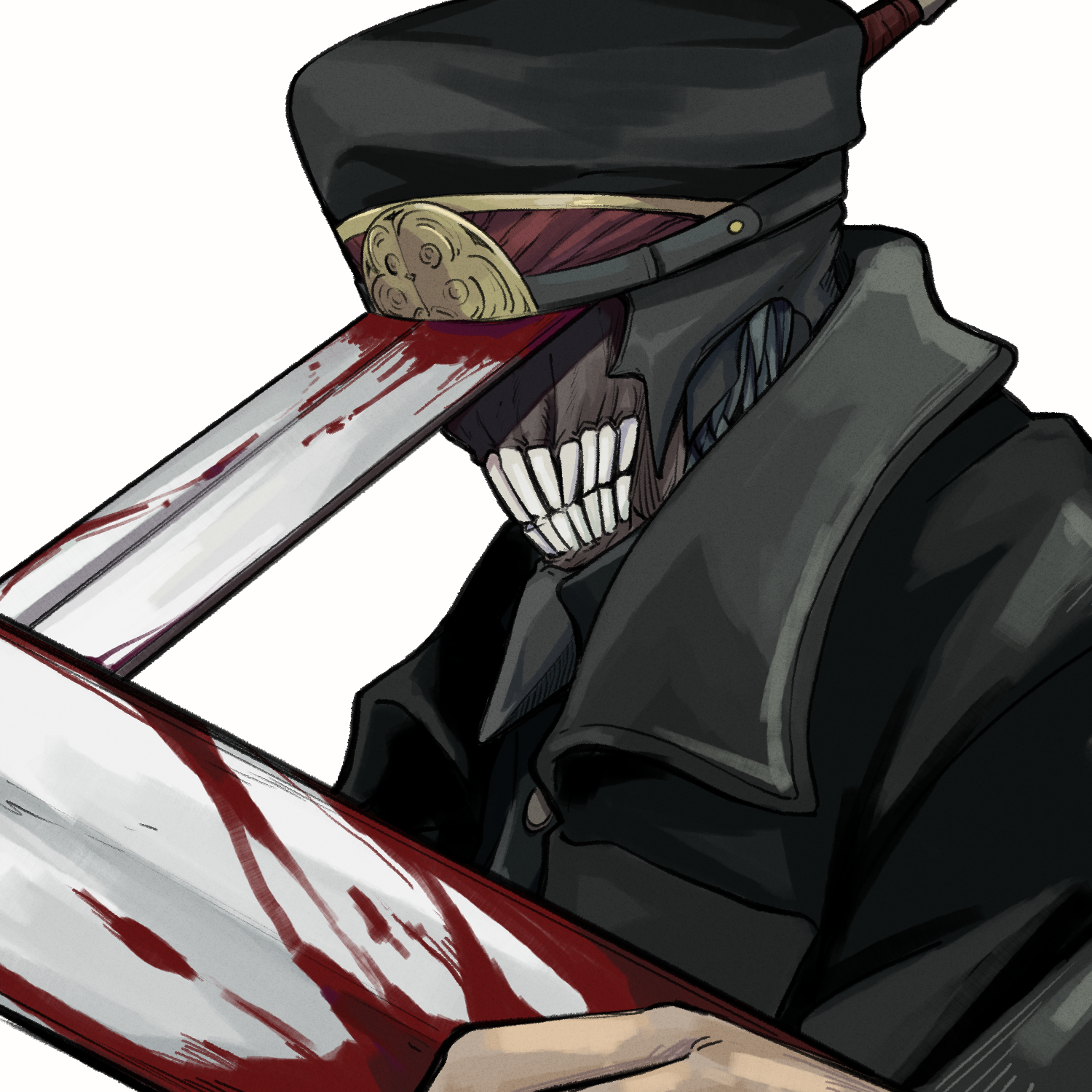 1boy black_coat blood bloody_weapon chainsaw_man coat collared_shirt cropped_torso facing_to_the_side futakuchi-onna hat highres katana katana_man_(chainsaw_man) male_focus military_hat portrait sharp_teeth shirt simple_background solo sword teeth trench_coat upper_body weapon white_background yuma_kahara