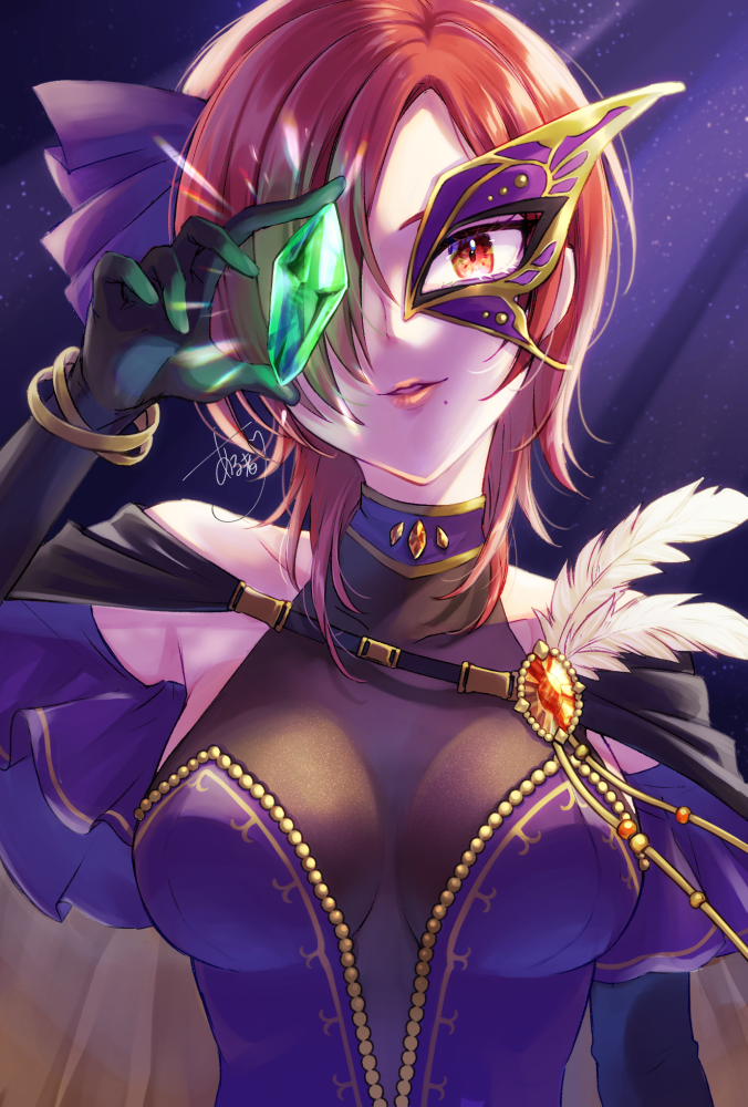 1girl alto2019 black_gloves bodystocking bodysuit breasts cleavage close-up elbow_gloves female_focus fire_emblem fire_emblem:_the_blazing_blade fire_emblem_heroes gem gloves hair_over_one_eye half_mask holding leila_(fire_emblem) leila_(thief)_(fire_emblem) mask medium_breasts mole mole_under_mouth nintendo official_alternate_costume red_eyes red_hair short_hair simple_background smile solo upper_body
