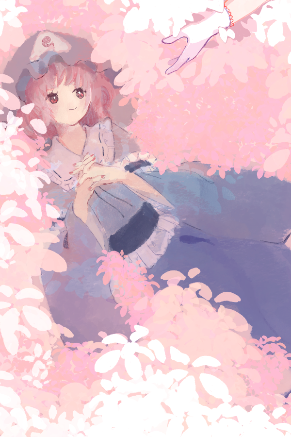 1girl blue_kimono cherry_blossoms gloves hat hitodama japanese_clothes kimono lying mob_cap nail_polish obi own_hands_clasped own_hands_together pink_hair red_eyes red_nails saigyou_ayakashi saigyouji_yuyuko sash short_hair sleeve_garter smile touco_to touhou triangular_headpiece white_gloves wide_sleeves