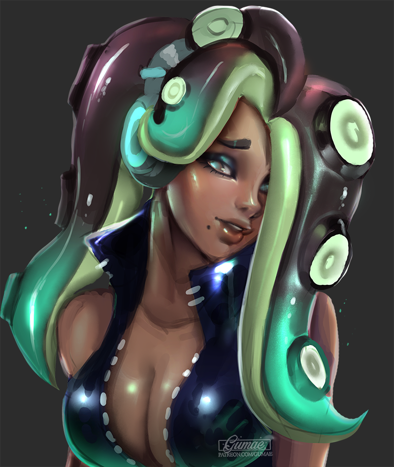 artist_logo breasts cleavage dark-skinned_female dark_skin glowing gumae hair_over_one_eye half-closed_eyes head_tilt high_collar large_breasts logo marina_(off_the_hook_outfit)_(splatoon) marina_(splatoon) nintendo octoling simple_background solo splatoon_(series) splatoon_2 tentacle_hair