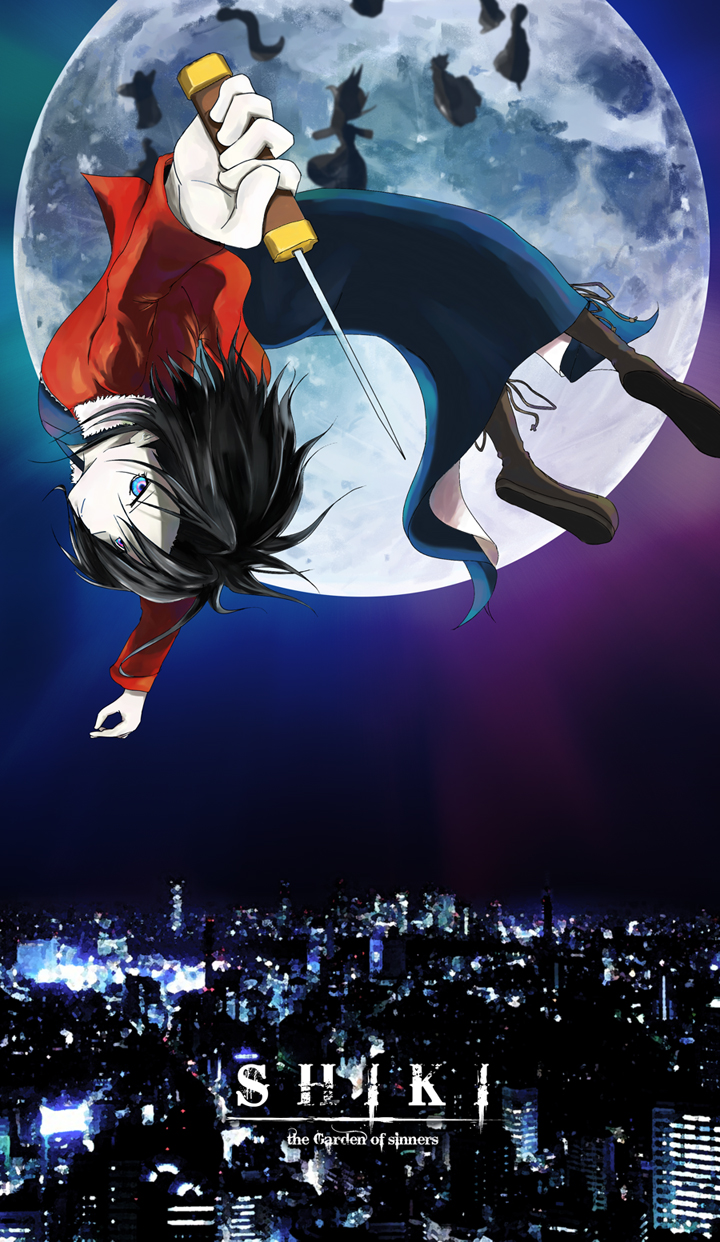 00naught 6+girls black_hair blue_eyes boots brown_hair character_name english_text floating fujou_kirie full_moon ghost highres jacket japanese_clothes kara_no_kyoukai kimono knife long_hair moon multicolored_eyes multiple_girls pink_eyes red_jacket ryougi_shiki short_hair solo_focus