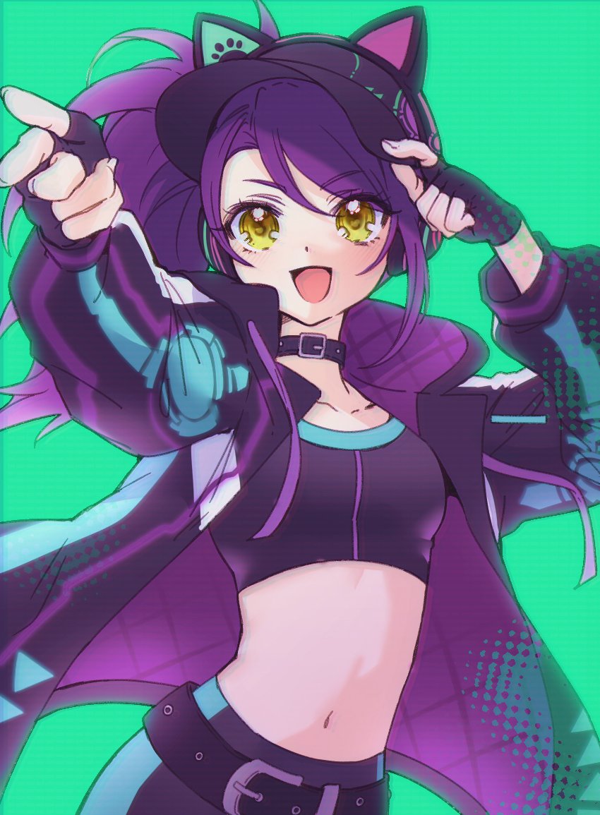 1girl :d animal_ear_headphones animal_ears arms_up baseball_cap belt black_belt black_collar black_gloves black_hat black_jacket breasts cat_ear_headphones chuu0105 collar commentary_request cowboy_shot crop_top fake_animal_ears fingerless_gloves gloves green_background hand_on_headwear hat headphones jacket korean_commentary long_hair long_sleeves looking_at_viewer navel open_clothes open_jacket open_mouth pointing pointing_at_viewer pretty_series pripara purple_hair side_ponytail simple_background small_breasts smile solo standing toudou_shion yellow_eyes