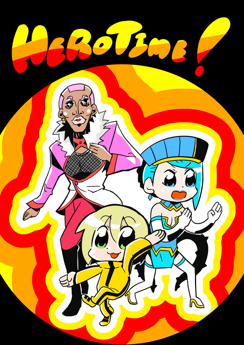 1boy 2girls :3 bkub blonde_hair blue_collar blue_eyes blue_hair blue_hat blue_leotard blue_lips blue_rose_(tiger_&amp;_bunny) bodysuit boots bruce_lee&#039;s_jumpsuit collar cover cover_page crystal_earrings dark-skinned_male dark_skin earrings elbow_gloves fighting_stance formal_clothes girly_boy gloves green_eyes hair_between_eyes hair_ornament hat high_heel_boots high_heels huang_pao-lin jewelry jumpsuit karina_lyle leotard lipstick makeup multicolored_background multiple_girls nathan_seymour open_mouth pink_hair pink_lips pink_suit simple_background sparkling_eyes standing standing_on_one_leg star_(symbol) star_earrings suit superhero_costume thighhighs tiger_&amp;_bunny yellow_bodysuit