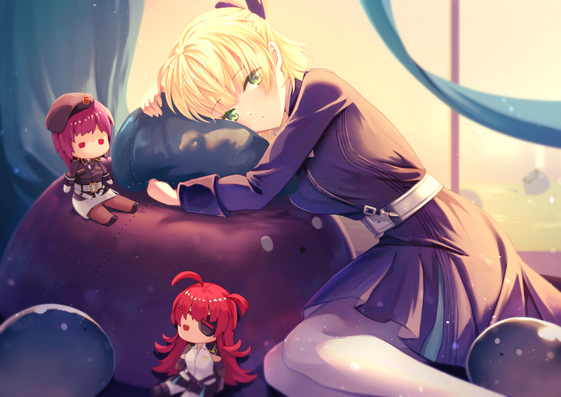 1girl ahoge asami_makiko_(heaven_burns_red) belt black_dress blonde_hair bow breasts character_doll dress green_eyes hair_ribbon heaven_burns_red indoors leaning_to_the_side looking_at_viewer medium_breasts nanase_nanami_(heaven_burns_red) narvy_(heaven_burns_red) pantyhose red_hair ribbon short_hair tezuka_saki white_belt white_pantyhose yumicha