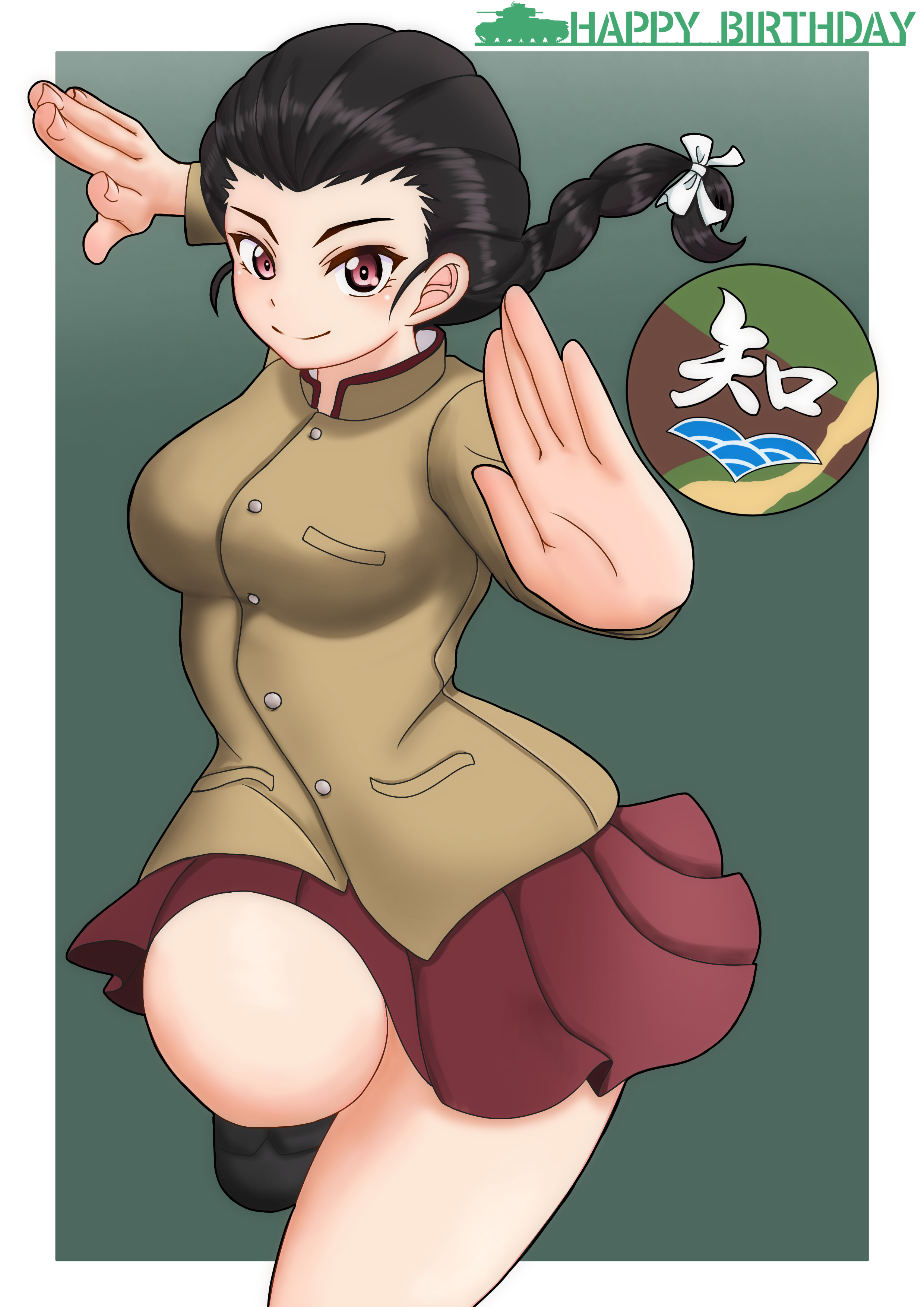 1girl absurdres amanone_yun birthday black_hair black_shoes braid brown_jacket chi-hatan_(emblem) chi-hatan_school_uniform closed_mouth commentary emblem english_text fighting_stance girls_und_panzer hair_ribbon happy_birthday high_collar highres jacket leg_up long_sleeves looking_at_viewer miniskirt pleated_skirt purple_eyes red_skirt ribbon school_uniform shoes skirt smile solo standing standing_on_one_leg tamada_tamaki white_ribbon