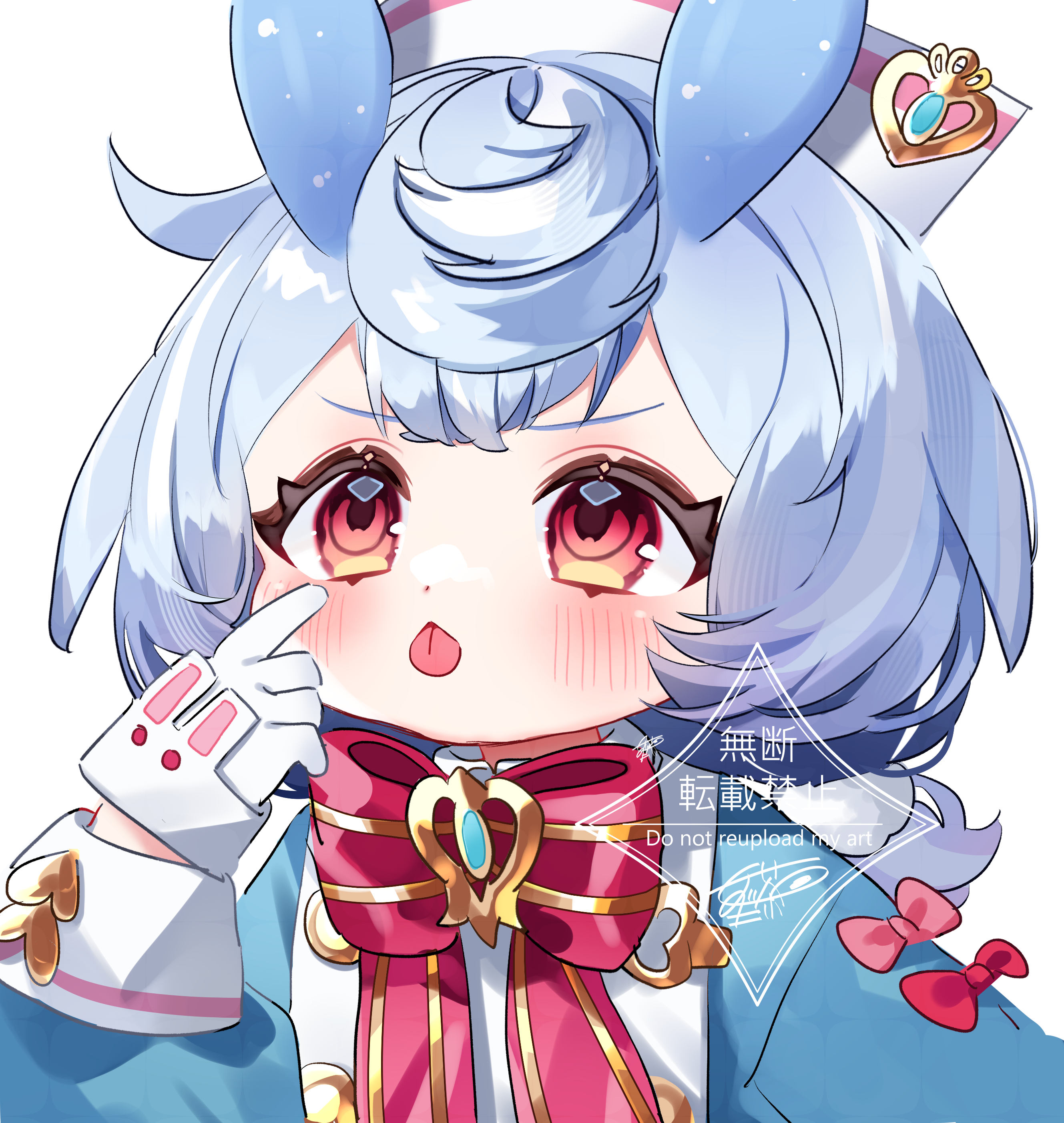 1girl :< :p absurdres animal_ears aqua_shirt artist_name blue_hair blush bow bowtie brooch closed_mouth commentary_request crossed_bangs eyelid_pull genshin_impact gloves hair_ornament hand_up hat highres index_finger_raised jewelry long_sleeves low_twintails meda_cha medium_hair nurse_cap pink_bow pom_pom_(clothes) pom_pom_hair_ornament puffy_long_sleeves puffy_sleeves red_bow red_bowtie red_eyes shirt sigewinne_(genshin_impact) signature simple_background solo tongue tongue_out twintails upper_body v-shaped_eyebrows watermark white_background white_gloves white_hat